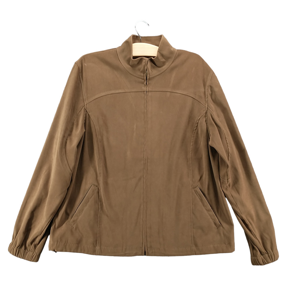 Orvis Women's Full Zip Jacket Brown Size 16 Mock Neck Drawcord Hem Pockets